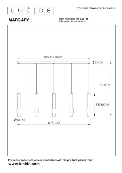 Lucide MARGARY - Lámpara colgante - LED Regul. - 5x4,2W 2700K - Café - TECHNISCH